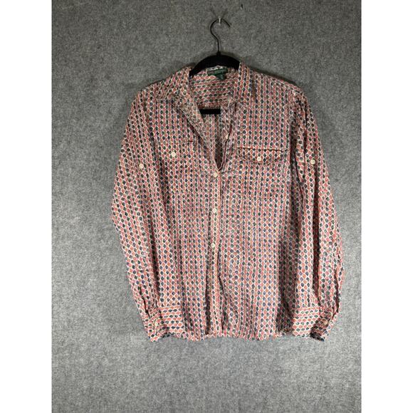 Ralph Lauren Top Women Medium Long Sleeve Circle Blue Button Front Collar Preppy - Picture 1 of 6